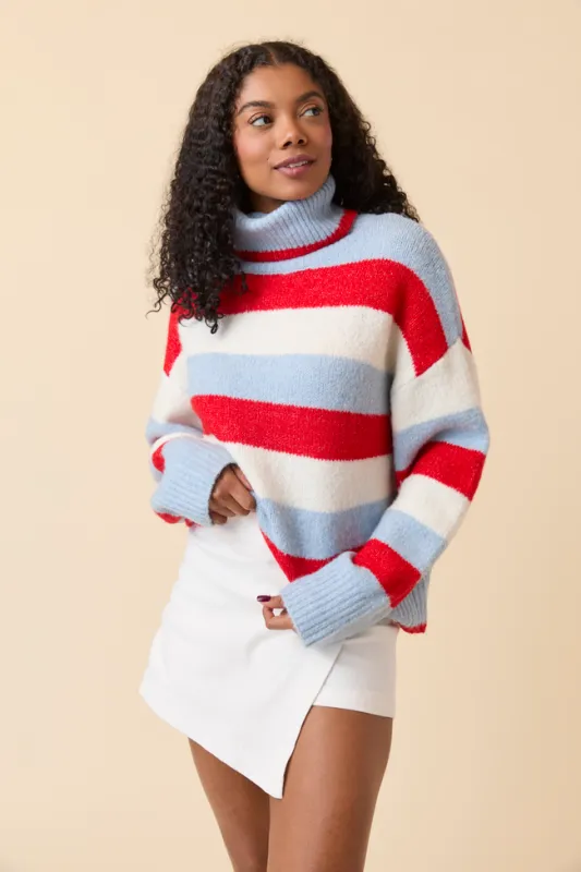 Shaylee Blue And Red Stripe Turtleneck Sweater SALE sold by Pink Lily