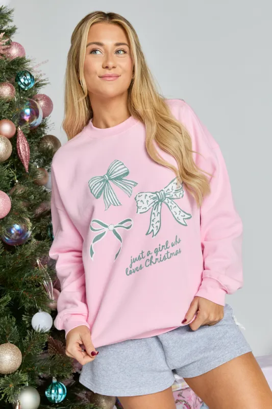 Just A Girl Who Loves Christmas Light Pink Graphic Sweatshirt sold by Pink Lily