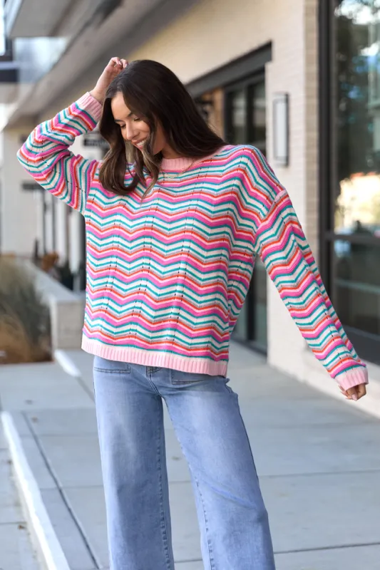 Shyla Pink Multi Stripe Crewneck Sweater sold by Pink Lily