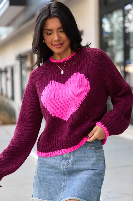 Cheyanne Maroon And Pink Heart Crewneck Sweater sold by Pink Lily