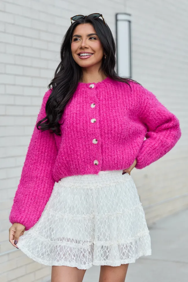 Taye Hot Pink Chunky Boucle Cardigan sold by Pink Lily