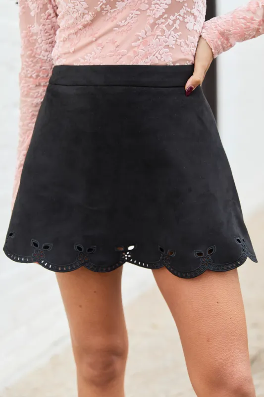 Oaklyn Black Faux Suede Embroidered Skort sold by Pink Lily