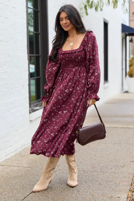 Yasmin Ruffle Smocked Top Burgundy Floral Maxi Dress sold by Pink Lily