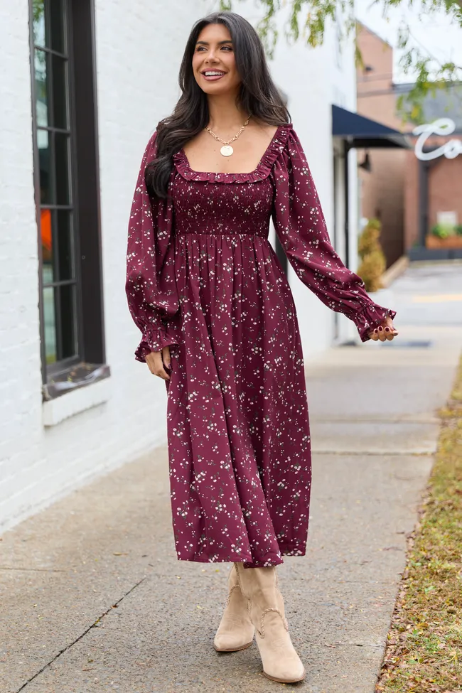 Yasmin Ruffle Smocked Top Burgundy Floral Maxi Dress sold by Pink Lily product image thumbnail 3