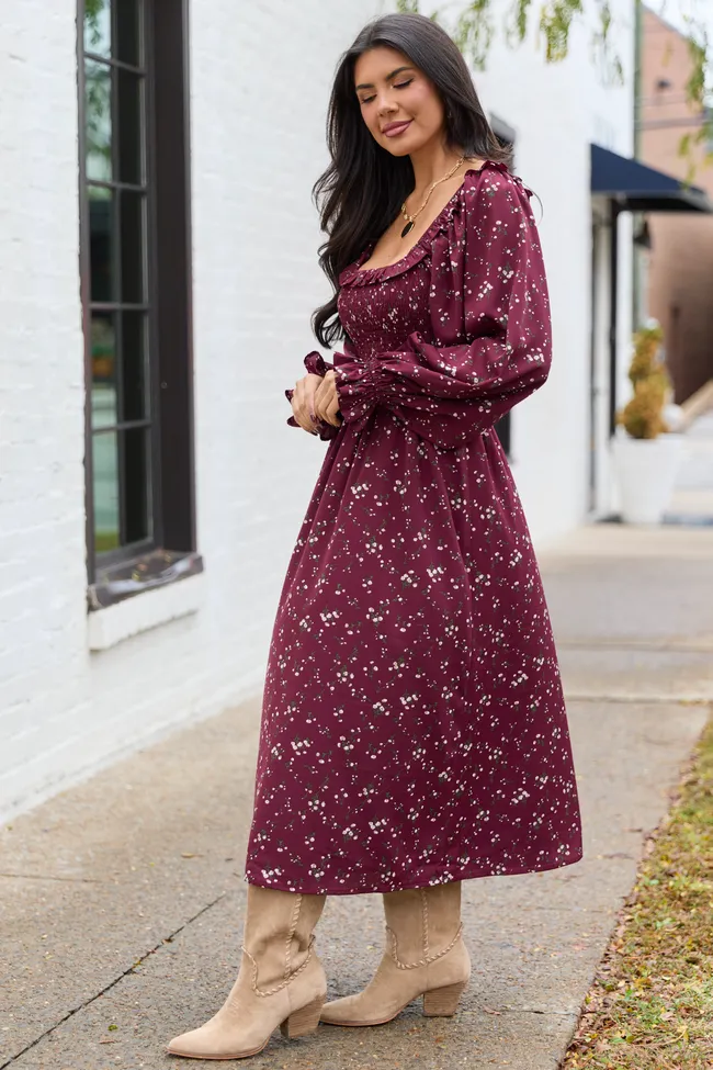Yasmin Ruffle Smocked Top Burgundy Floral Maxi Dress sold by Pink Lily product image thumbnail 4