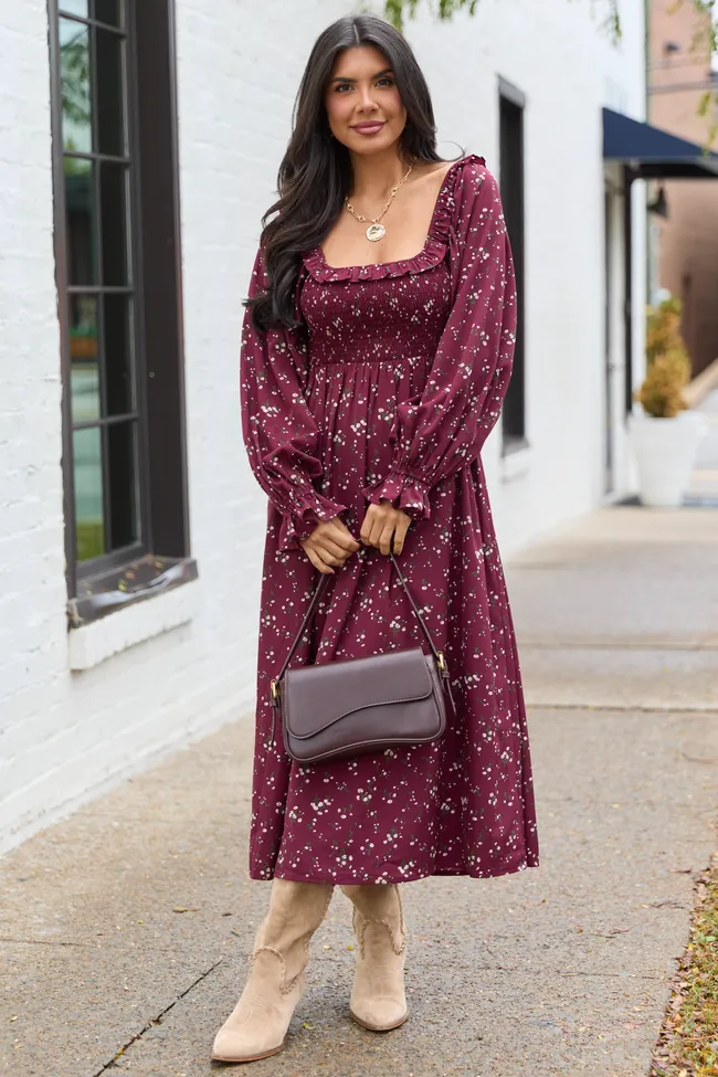 Yasmin Ruffle Smocked Top Burgundy Floral Maxi Dress sold by Pink Lily product image thumbnail 2