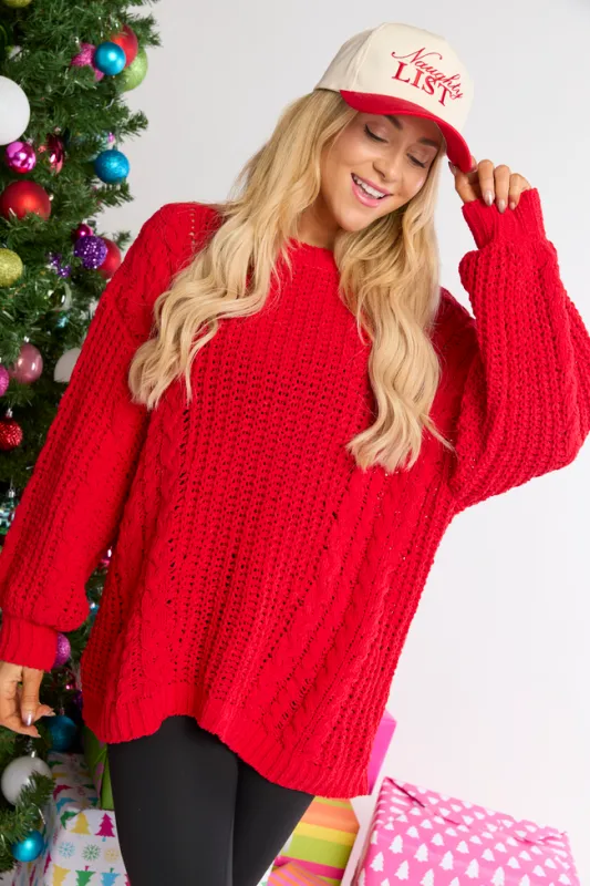 Ashten Red Chenille Cable Knit Oversized Sweater DOORBUSTER sold by Pink Lily