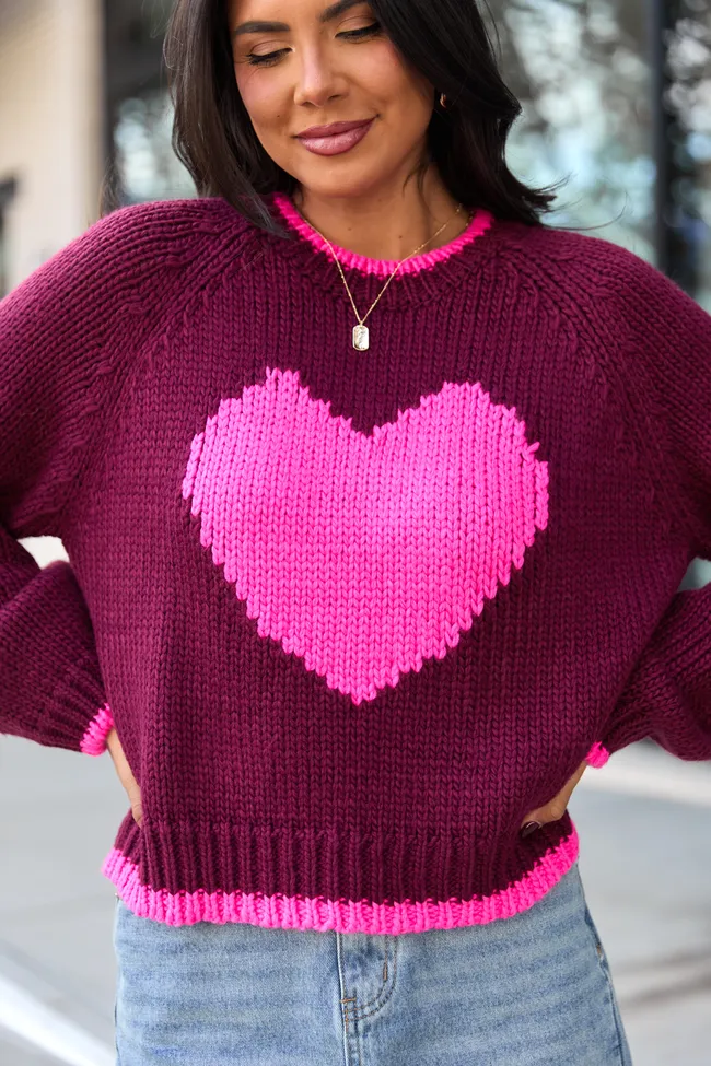 Cheyanne Burgundy And Pink Heart Crewneck Sweater sold by Pink Lily product image thumbnail 5