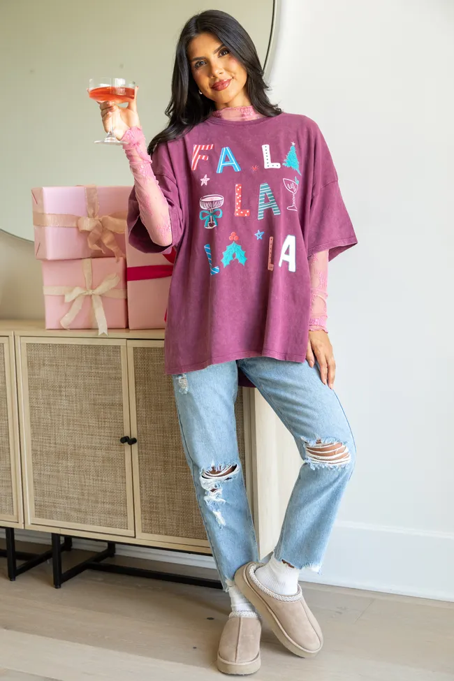 Fa La La La La Burgundy Oversized Graphic Tee SALE sold by Pink Lily product image thumbnail 3