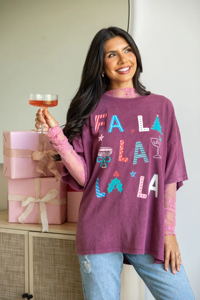 Fa La La La La Burgundy Oversized Graphic Tee SALE sold by Pink Lily
