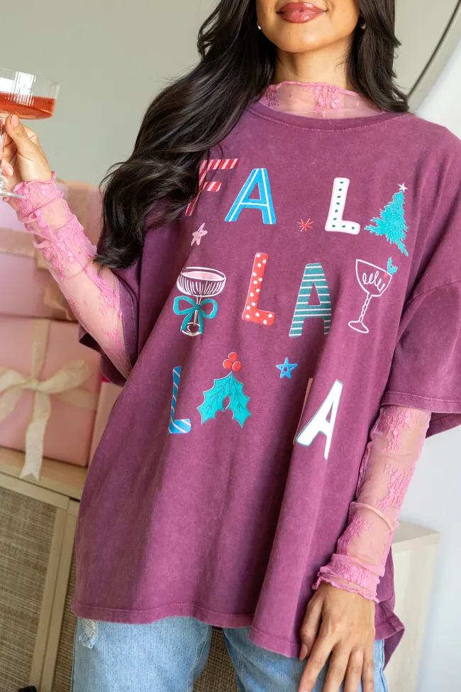 Fa La La La La Burgundy Oversized Graphic Tee SALE sold by Pink Lily product image thumbnail 2