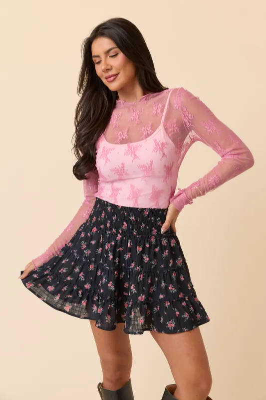 Soraya Pink Mock Neck Lace Layering Blouse sold by Pink Lily