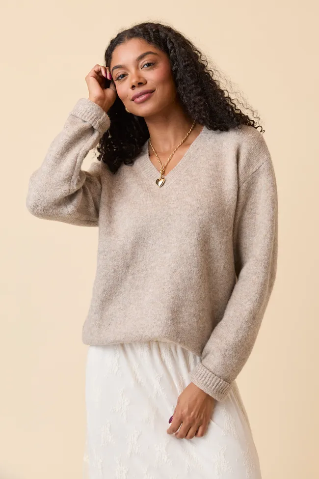 Adalyn Tan Oversized V-Neck Sweater FINAL SALE sold by Pink Lily product image thumbnail 4
