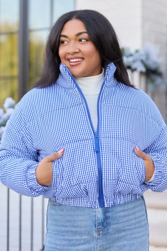 Paloma Navy Blue Gingham Zip Up Puffer Jacket SALE sold by Pink Lily
