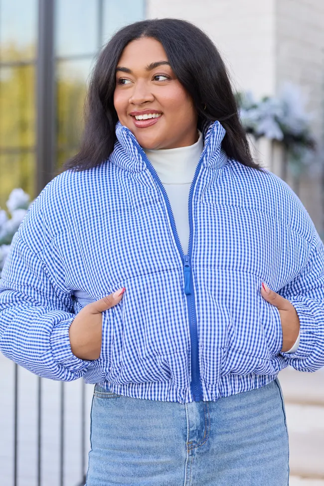 Paloma Navy Blue Gingham Zip Up Puffer Jacket SALE sold by Pink Lily