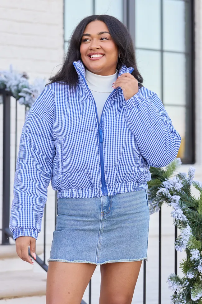 Paloma Navy Blue Gingham Zip Up Puffer Jacket SALE sold by Pink Lily product image thumbnail 3