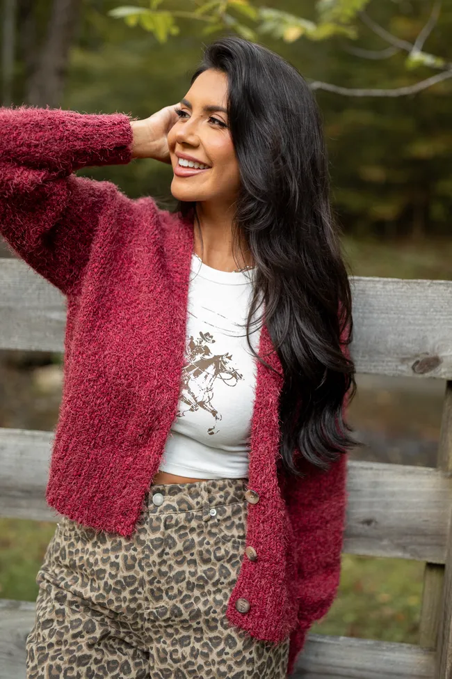 Jannie Burgundy Puff Sleeve Cropped Cardigan sold by Pink Lily