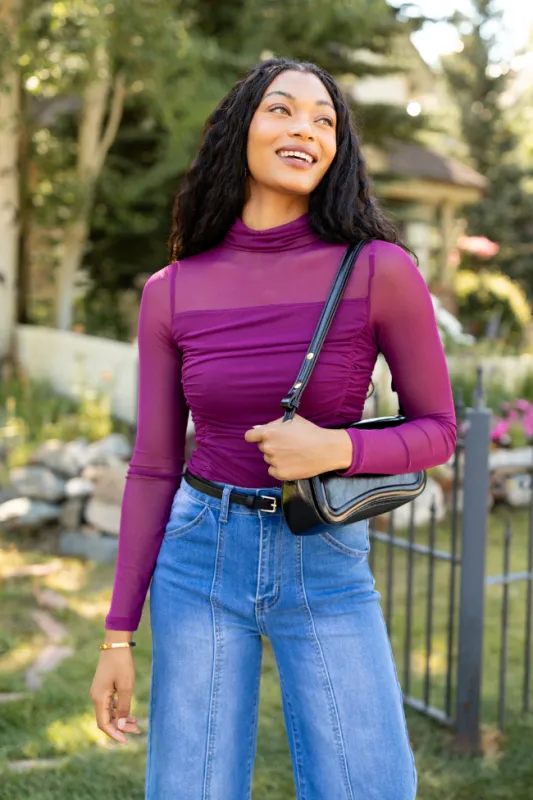 Kimber Burgundy Mesh Turtleneck Bodysuit SALE sold by Pink Lily