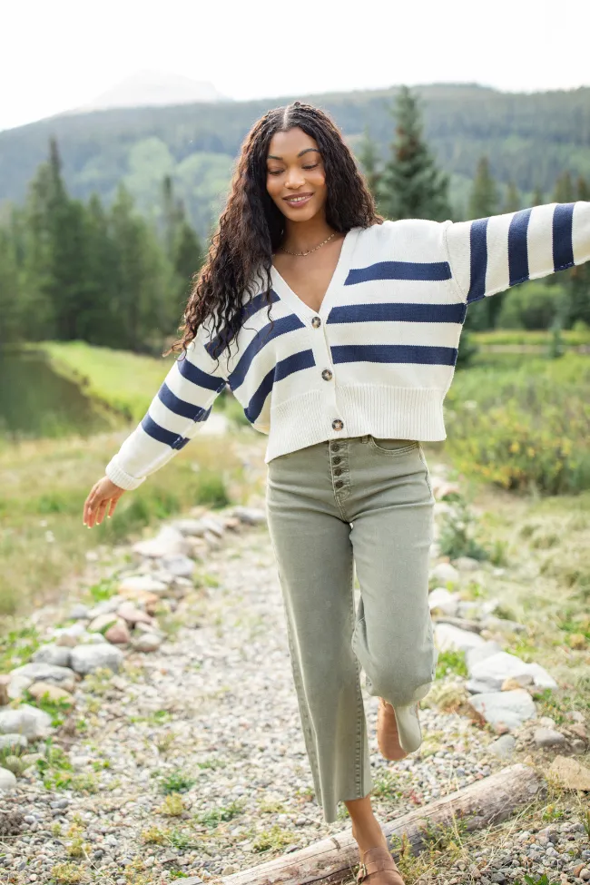 Rachel Ivory and Navy Blue Stripe Cropped Cardigan SALE sold by Pink Lily product image thumbnail 2