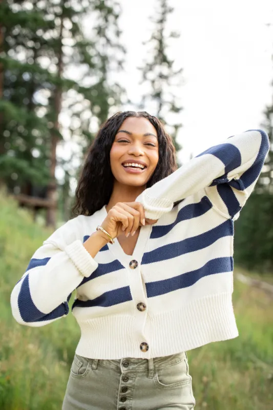 Rachel Ivory and Navy Blue Stripe Cropped Cardigan SALE sold by Pink Lily