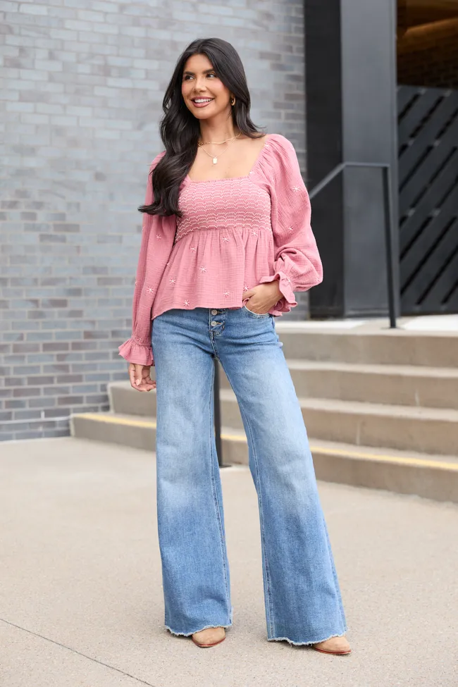 Lisette Pink Floral Embroidered Gauze Smocked Peplum Top sold by Pink Lily product image thumbnail 2