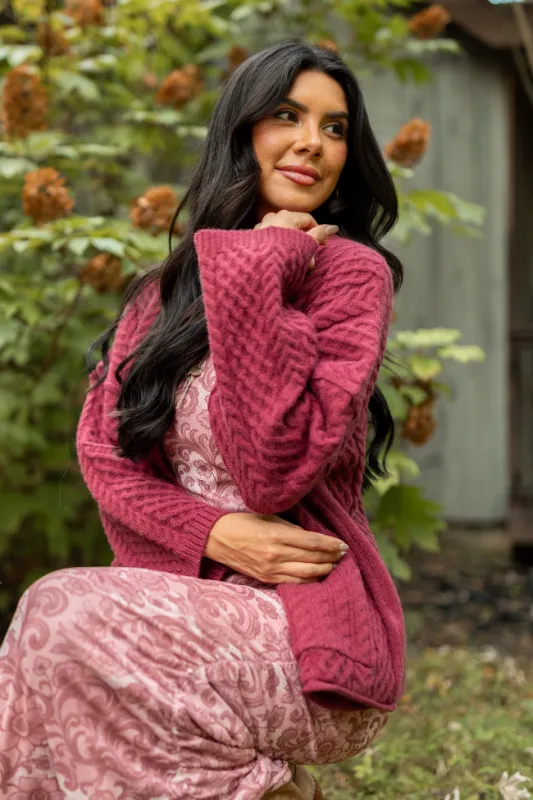Pippa Burgundy Cable Knit Cardigan sold by Pink Lily