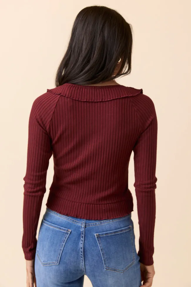 Linda Burgundy Ruffled Neckline Long Sleeve Knit Top FINAL SALE sold by Pink Lily product image thumbnail 4