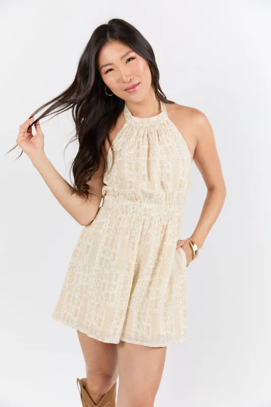 On The Horizon Tan Halter Neck Printed Romper FINAL SALE sold by Pink Lily