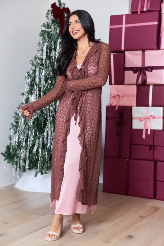 Winona Brown Lace Mesh Maxi Duster Top sold by Pink Lily