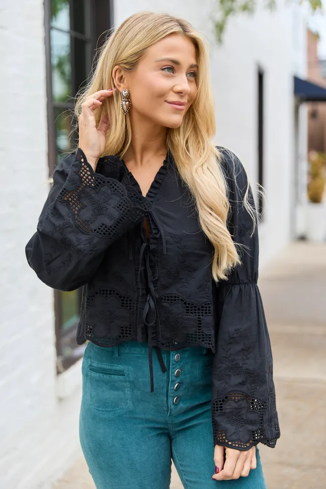 Chesney Black Eyelet Tie Front Top FINAL SALE sold by Pink Lily