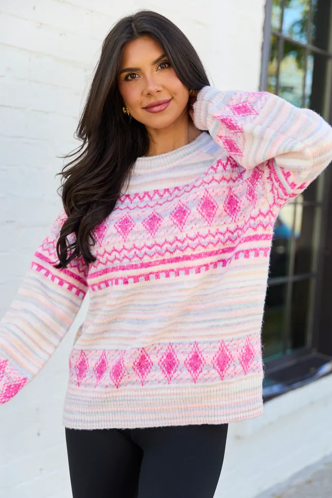 Jona Pink Multi Ground Fair Isle Crewneck Sweater FINAL SALE sold by Pink Lily product image thumbnail 3