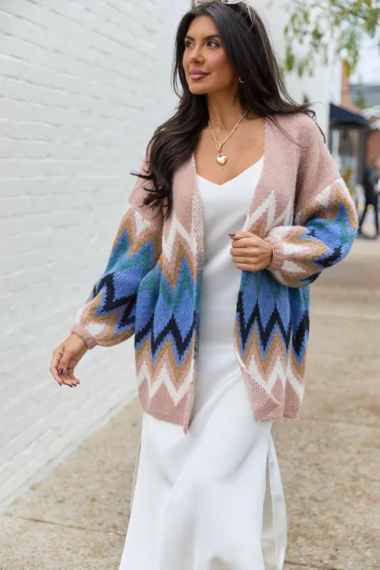 Lowen Brown And Blue Zig Zag Stripe Cardigan sold by Pink Lily