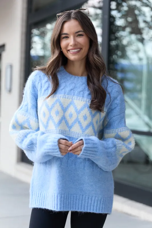 Alanis Blue Crewneck Blush Diamond Print Sweater sold by Pink Lily