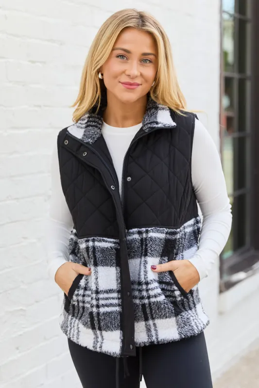 Tasha Black and White Plaid Sherpa Quilted Vest FINAL SALE sold by Pink Lily