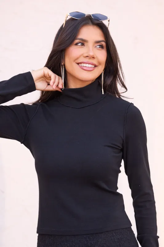 Mabry Black Long Sleeve Mock Neck Top sold by Pink Lily