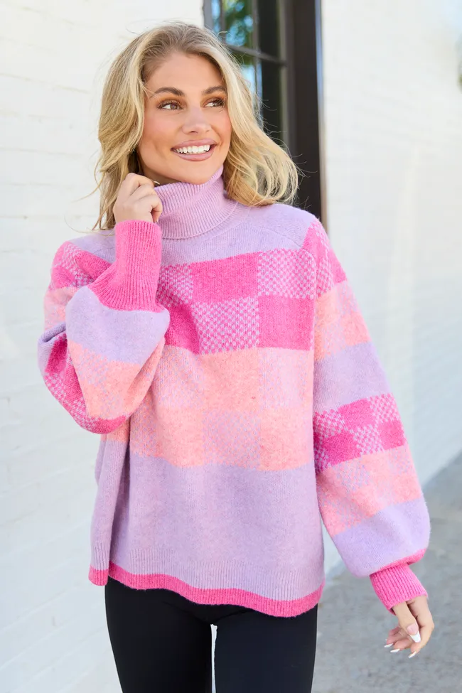 Landry Pink And Purple Checkered Turtleneck Sweater sold by Pink Lily