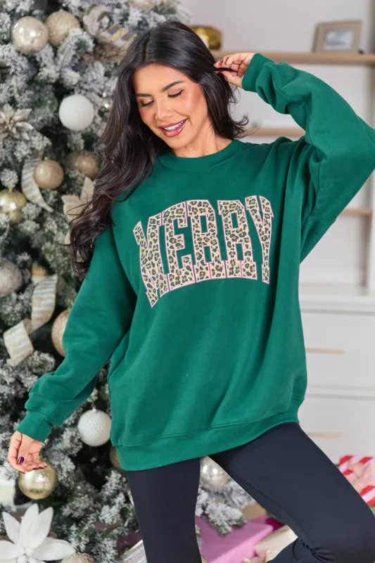 Merry Block Leopard Evergreen Graphic Sweatshirt sold by Pink Lily