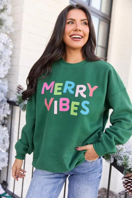 Merry Vibes Evergreen Graphic Sweatshirt made by Pink Lily