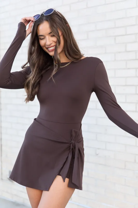 On My Terms Brown Long Sleeve Active Wrap Dress sold by Pink Lily