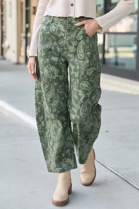 Courtney Olive Paisley Barrel Pants sold by Pink Lily
