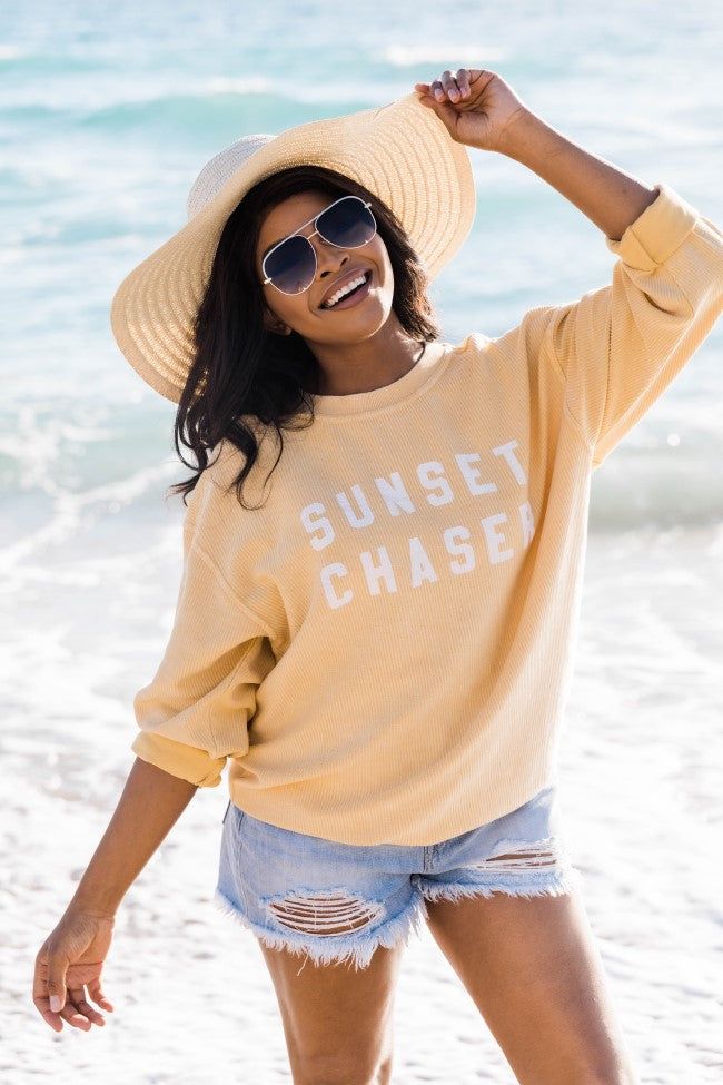 Sunset Chaser Gold Corded Graphic Sweatshirt FINAL SALE sold by Pink Lily