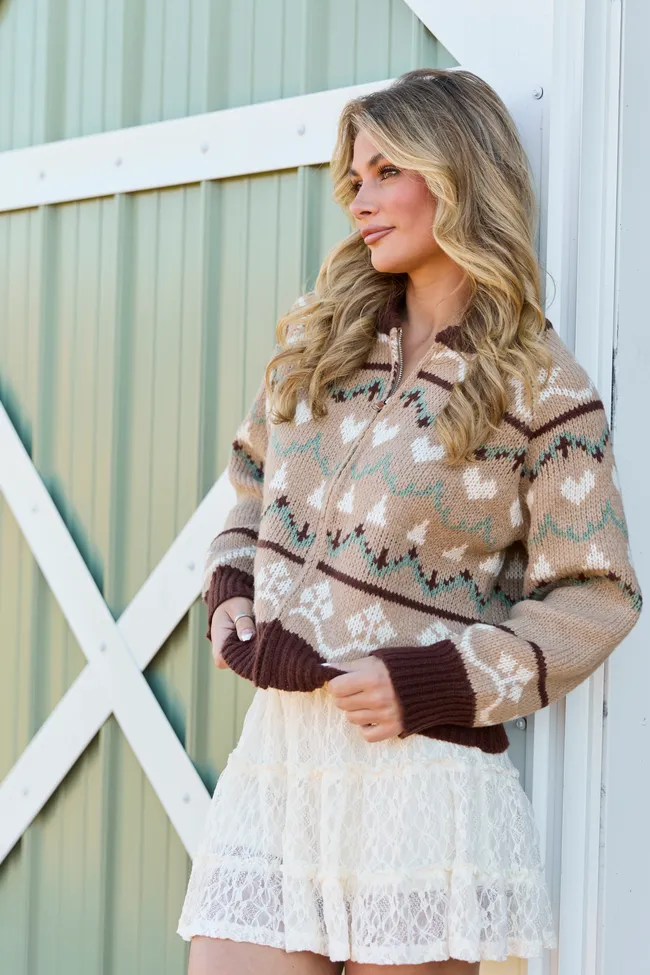 Renesme Brown and Taupe Fair Isle Zip Up Sweater FINAL SALE sold by Pink Lily