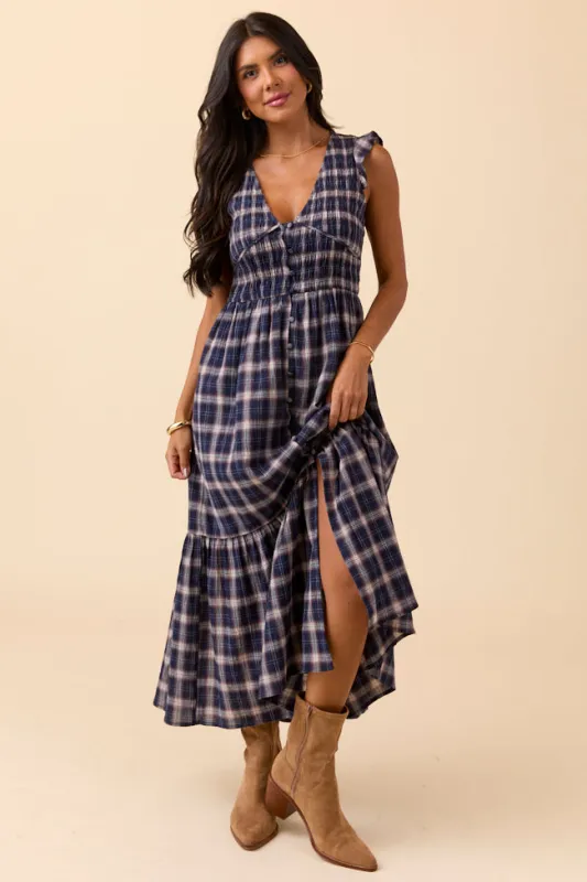 Ruth Navy Blue Plaid Maxi Dress sold by Pink Lily