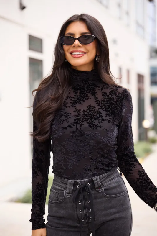 Lux Black Applique Mesh Turtleneck Top sold by Pink Lily
