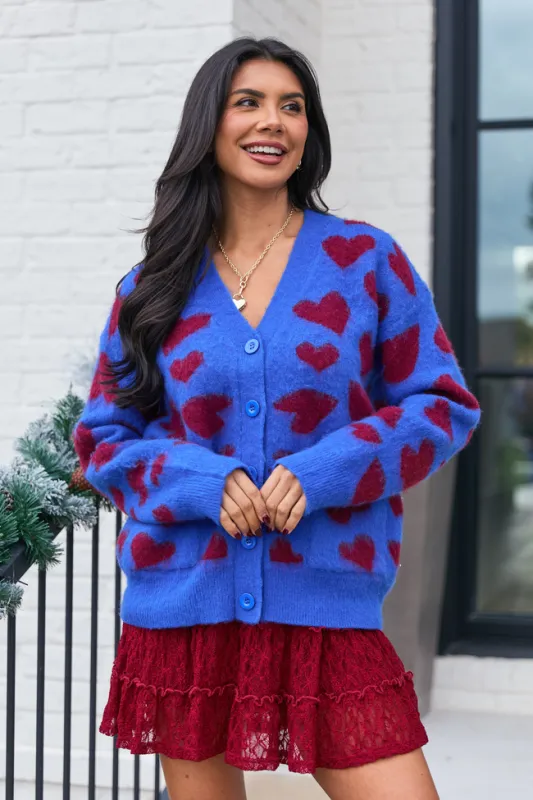Frances Blue And Red Heart Cardigan sold by Pink Lily