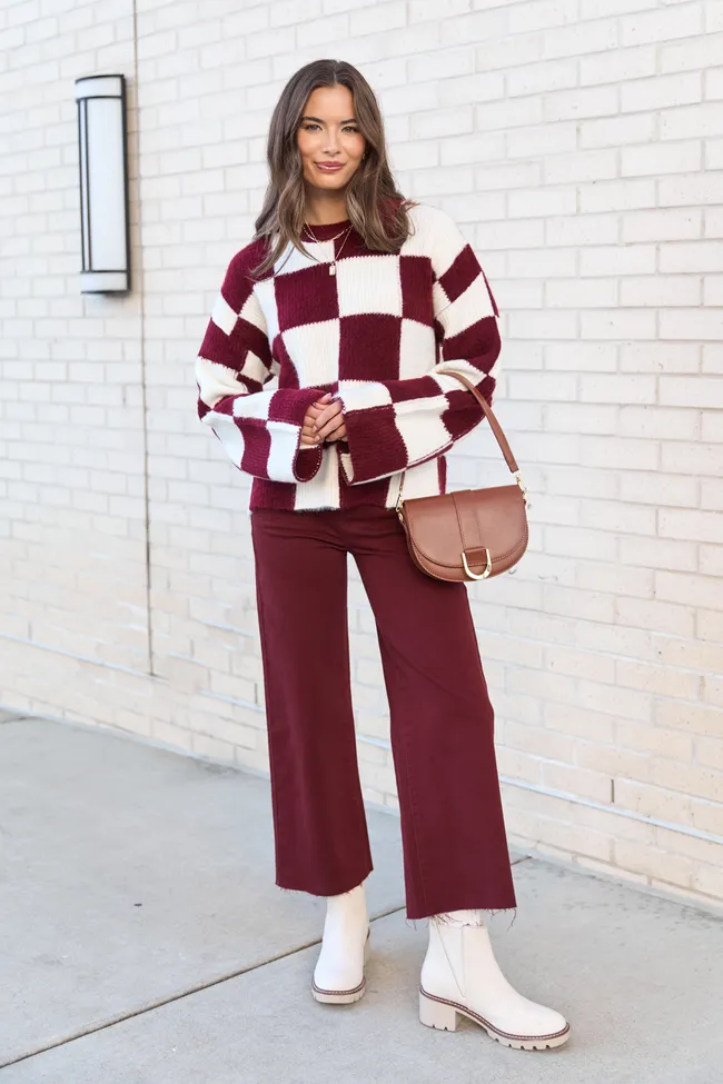 Raylee Burgundy Checkered Crewneck Sweater sold by Pink Lily product image thumbnail 2