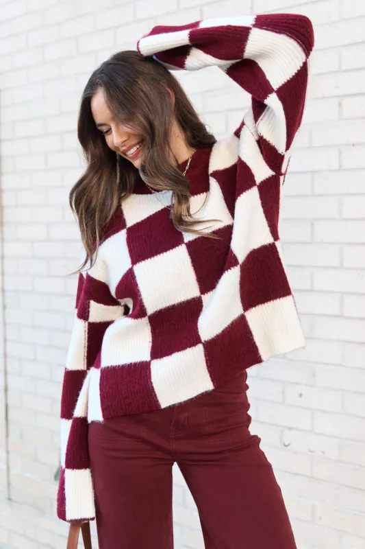 Raylee Burgundy Checkered Crewneck Sweater sold by Pink Lily