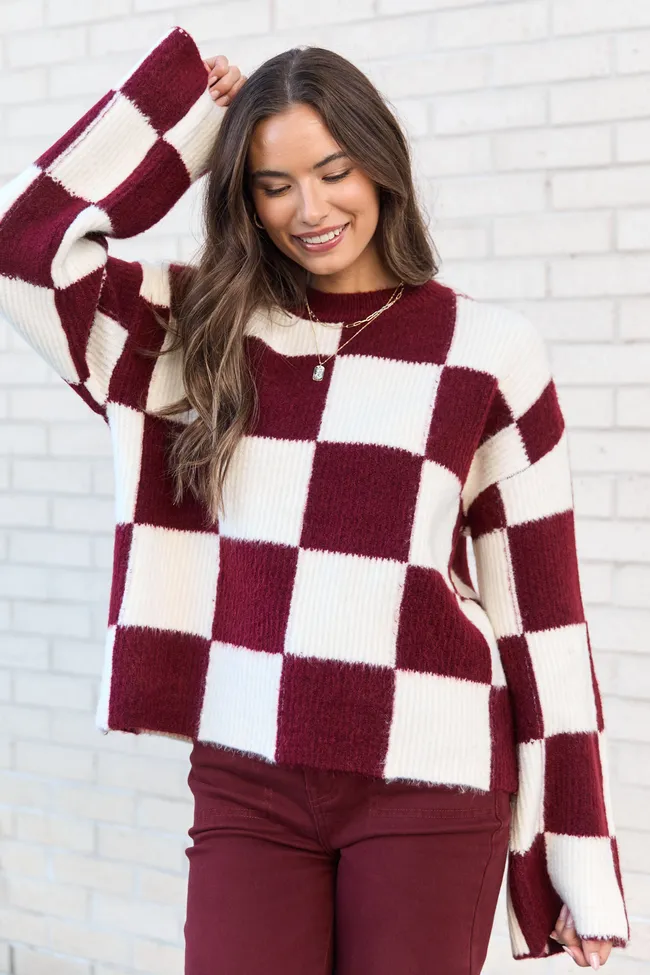 Raylee Burgundy Checkered Crewneck Sweater sold by Pink Lily product image thumbnail 3