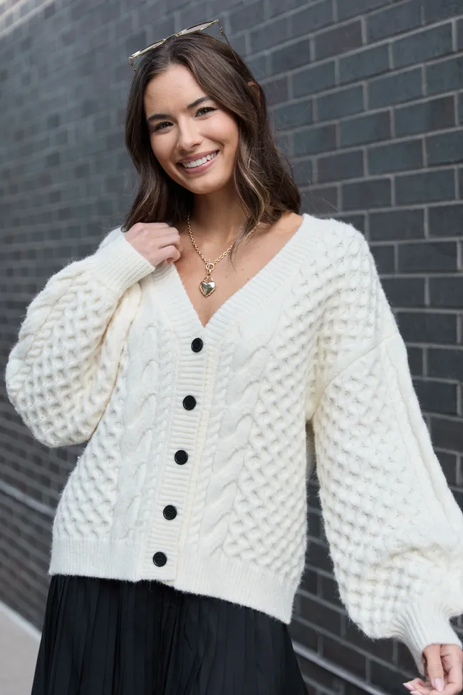 Louisa Ivory Cable Knit Cardigan sold by Pink Lily
