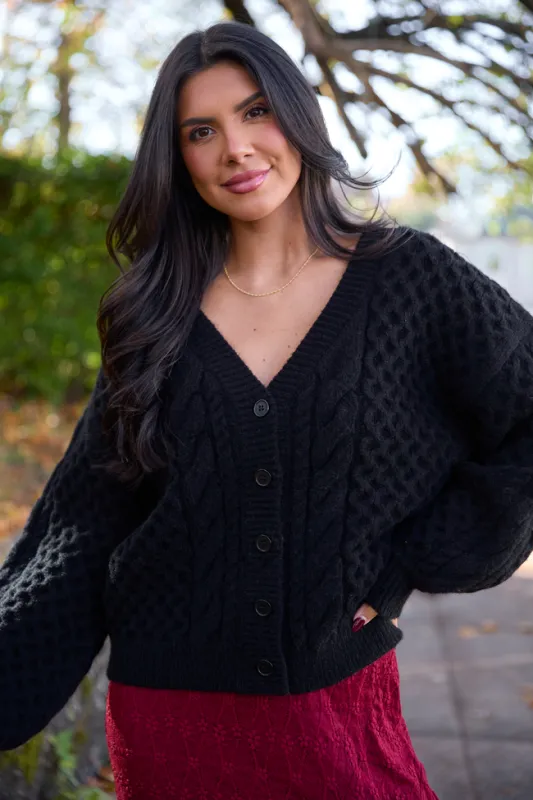 Louisa Black Cable Knit Cardigan sold by Pink Lily
